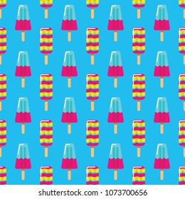 Pattern fruit and milk ice cream on stick on blue background. Seamless pattern summer ice cream eskimo