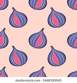 Pattern with fruit purple figs stylized contour doodle drawing.
