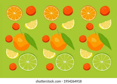 pattern fruit set assorted banana lemon citrus apple tangerine orange on a green background
