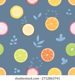 Um padrão com fatias de frutas e flores em um fundo azul escuro. Um padrão de verão simples com limão, banana, limão, mangostão e maracujá.