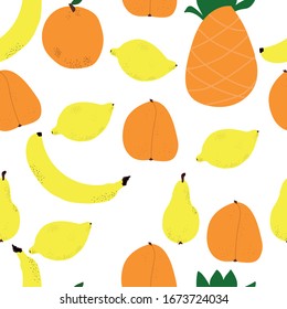 The pattern of fruit. Yellow lemon, banana, orange pear and pineapple, peach, orange.