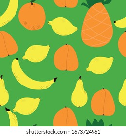 The pattern of fruit. Yellow lemon, banana, orange pear and pineapple, peach, orange.