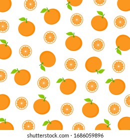 Muster Frucht.Cute orange mit grünem Blatt und halber Scheibe einzeln auf weißem Hintergrund.Design für Druck- oder Bildschirmhintergrund, gesundes Lebensmittelhintergrund.Vektorillustration.Illustration.