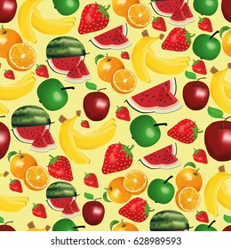 A pattern of fruits, different fruits and berries. Apple, banana, strawberry, orange