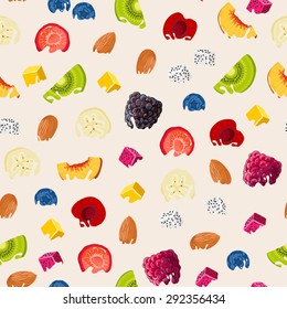 Pattern with fruits dipped in milk with splashes