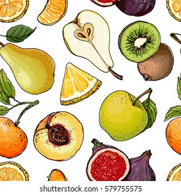 Pattern. Fruits drawn a color line on a white background. Vector sketch. Sketch line. Apple, pear, peach, lemon, orange, lime, Tangerine, kiwi, figs, banana