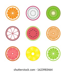 Pattern fruits flat icon collection set.Orange ,dragon fruit ,kiwi ,mangosteen ,watermelon ,lemon ,grapefruit ,citrus ,pineapple and lime isolated on white background.Design for clipart or etc.Vector.