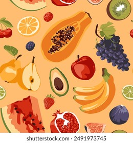 Pattern of fruits. Flat vector illustration. Restaurant, menu, agriculture, grocery store. Vegan and healthy lifestyle.