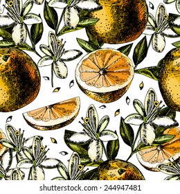 pattern with fruits, flowers and leaves of orange on a white background.