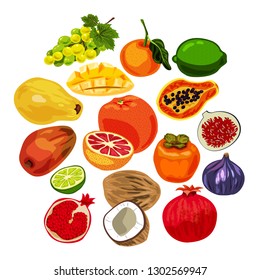 pattern of fruits, grapes, mango, tangerine, grapefruit, figs, persimmon, pomegranate, coconut, lime, papaya