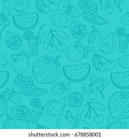 Pattern of fruits, green background, watermelon, pear, apple, lemon, cherry, strawberry, watermelon, juice