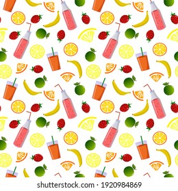 Patrón con frutas, limonada y una botella de suavizantes. Frutas frescas: fresa, plátano, manzana y cítricos. Ilustración vectorial en un fondo blanco. Para uso en textiles, envasado, raspado