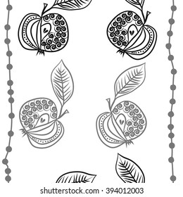 Pattern  of fruits motif, apples, doodles, hole, ,spirals, leaves, . Hand drawn.