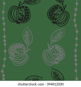 Pattern  of fruits motif, apples, doodles, hole, ,spirals, leaves, . Hand drawn.