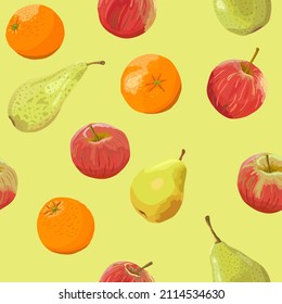 Pattern of fruits oranges apples pears on a light yellow background in vector. Seamless pattern. Fruits and vitamins. Benefits and healthy nutrition. Packaging and label. Print on kitchen wallpaper.