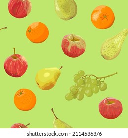 A pattern of fruits oranges apples pears grapes on a light green background in vector. Seamless pattern. Fruits and vitamins. Benefits and healthy nutrition. Packaging and label. Printing on kitchen.