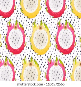 Pattern with fruits Pitaya. Fruit of a dragon. Exotic fruit. Pink & Yellow.