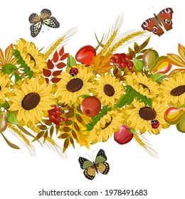 Pattern with fruits and sunflowers.Sunflowers, fruits, autumn leaves and butterflies on a white background in a vector pattern.