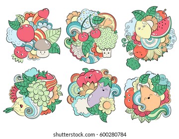 Pattern with fruits, vegetables and berries. Template for packaging, postcards, web design. Printing on textiles. Bright colorful cartoon background. Healthy Vegetarian Food. Set of elements