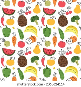Pattern with fruits and vegetables in minimalistic flat style. Watermelon, pineapple, cucumber, bananas and others on a white background. Vector illustration in cartoon childish style