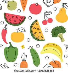 Pattern with fruits and vegetables in minimalistic flat style. Watermelon, peach, bananas and others on a white background, colored and black line. Vector art