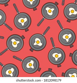 Pattern of a frying pan with an egg. A vectorized frying pan with an egg in pastel colors. Vector icon. Food and gastronomy.