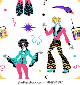 Pattern Funk . 80s Style Clothing.Retro Dancer Pattern. People In 1980s, Eighties Style Clothes Dancing Disco, Cartoon Vector Illustration. Funk Disco Seamless.Retro Radio Receiver.