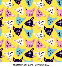 Pattern with Funky cat with a lovely face. Freaky comic cat face. Bizarre Valentine's Day pattern in modern doodle style. Vector illustration