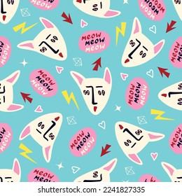 Pattern with Funky cat with a lovely face. Freaky comic cat face. Bizarre Valentine's Day pattern in modern doodle style. Vector illustration