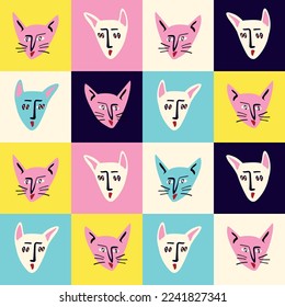 Pattern with Funky cat with a lovely face. Freaky comic cat face. Bizarre Valentine's Day pattern in modern doodle style. Vector illustration
