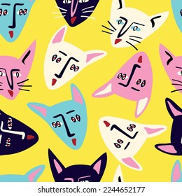 Pattern with Funky cat with a lovely face. Freaky comic cat face. Bizarre Valentine's Day pattern in modern doodle style. Vector illustration