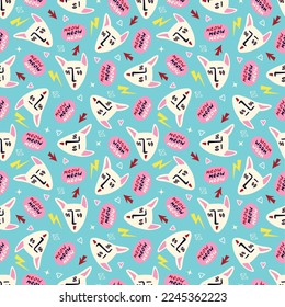 Pattern with Funky cat with a lovely face. Freaky comic cat face. Bizarre Valentine's Day pattern in modern doodle style. Vector illustration