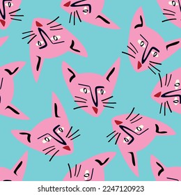 Pattern with Funky cat with a lovely face. Freaky comic cat face. Bizarre Valentine's Day pattern in modern doodle style. Vector illustration