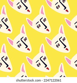 Pattern with Funky cat with a lovely face. Freaky comic cat face. Bizarre Valentine's Day pattern in modern doodle style. Vector illustration