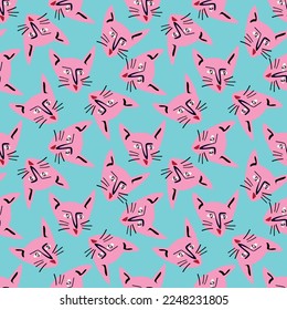 Pattern with Funky cat with a lovely face. Freaky comic cat face. Bizarre Valentine's Day pattern in modern doodle style. Vector illustration