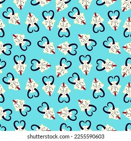 Pattern of Funky demon head with a creepy ugly face. Freaky comic demon with horns. Vector illustration doodle style
