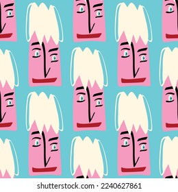 Pattern with Funky freaky cute face. comic face pattern in modern doodle style