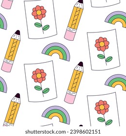 Pattern with funky retro groovy pencil, painted picture, rainbow. Back to school. Children's stationery, funny study school supplies. Nostalgia 60s, 70s, 80s for poster, cover