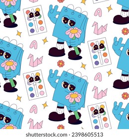 Pattern with funky retro groovy stickers note character with flower,  paints, origami. Back to school. Children's stationery, funny study school supplies. Nostalgia 60s, 70s, 80s for poster, cover