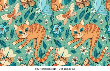 Pattern with funny animals, cats, butterflies. Seamless pattern.