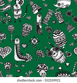 Pattern with funny animals, flowers and hearts.