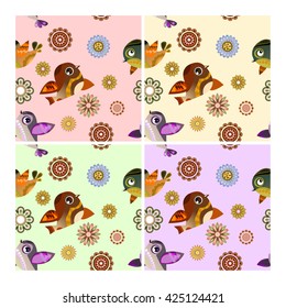 pattern with funny birds, vector birds and cats