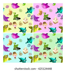 pattern with funny birds, vector birds and cats