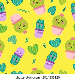 A pattern of funny cacti on a yellow background. For use in printing, postcards, textiles. Vector illustration.