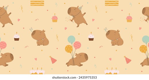 Pattern with funny capybaras and birthday cakes