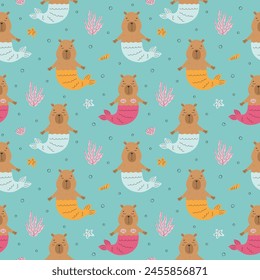 Pattern with funny capybaras with mermaid tail