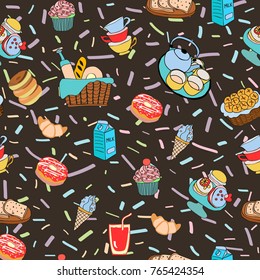 Pattern with funny cartoon food. Hand-drawn cartoon background with food and drinks elements, breakfast ingredients and snacks for breakfast , Different kind of food and dessert