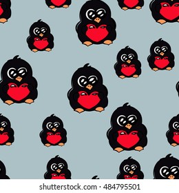 Pattern funny, cartoon penguin with heart. Vector illustration