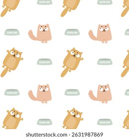 Pattern with funny cats and a bowl of food for cats on a white background