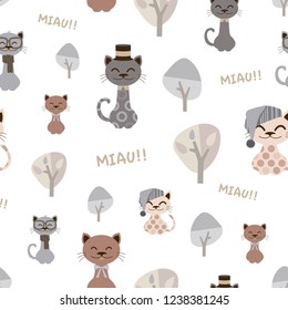 Pattern of funny cats with hats.  Seamless design. 